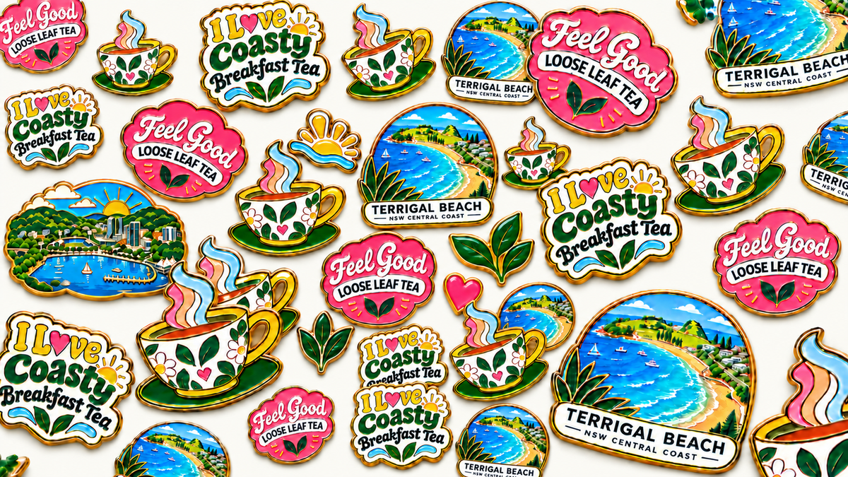 Colourful enamel pin collage featuring floral teacups, Coasty Breakfast Tea, Feel Good Loose Leaf Tea and NSW Central Coast waterfront scenes.